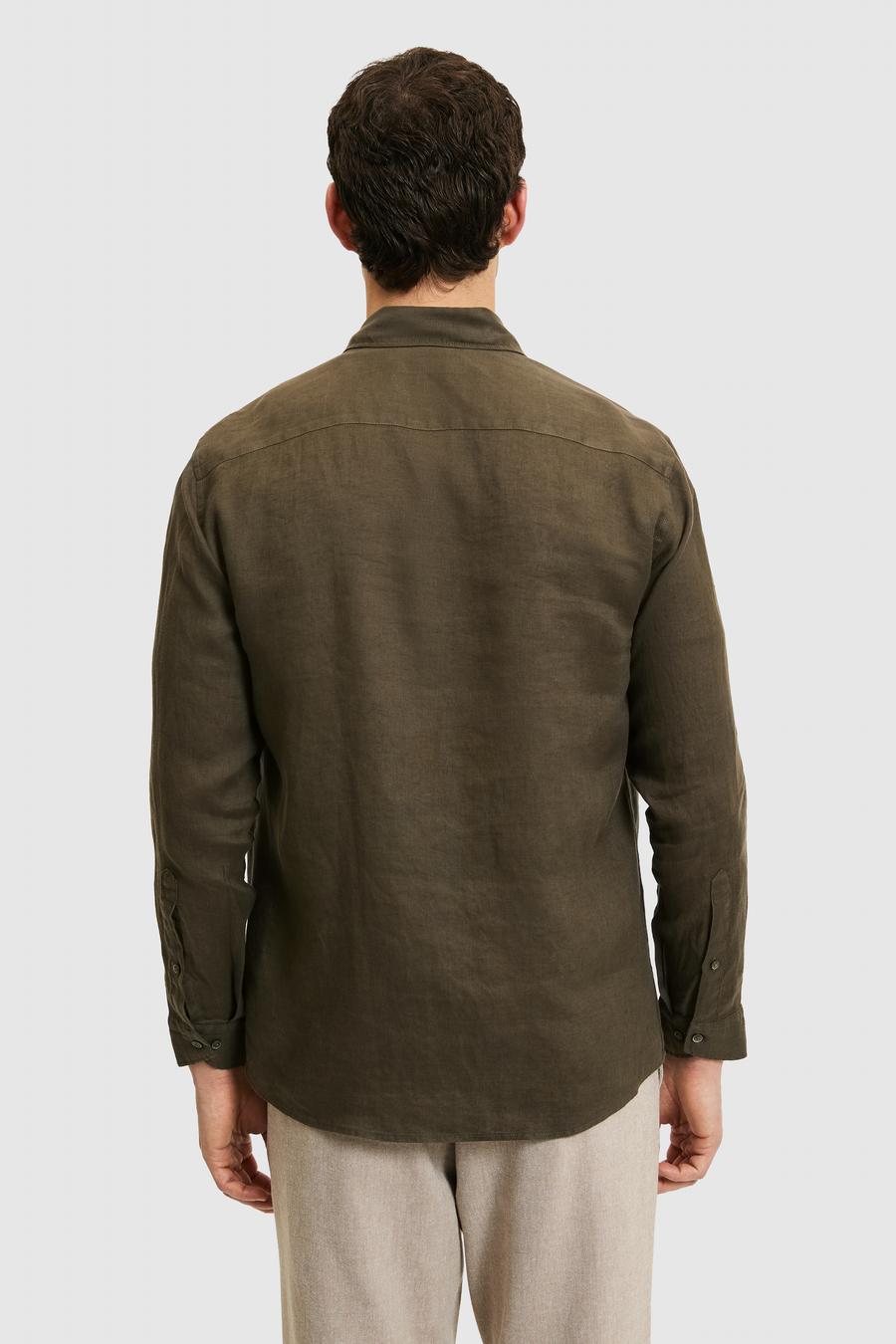 Koyu Haki Regular Fit %100 Keten Gömlek - 50319198284