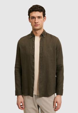 Koyu Haki Regular Fit %100 Keten Gömlek