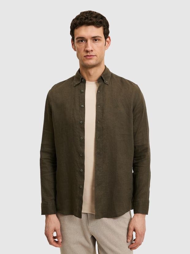 Koyu Haki Regular Fit %100 Keten Gömlek