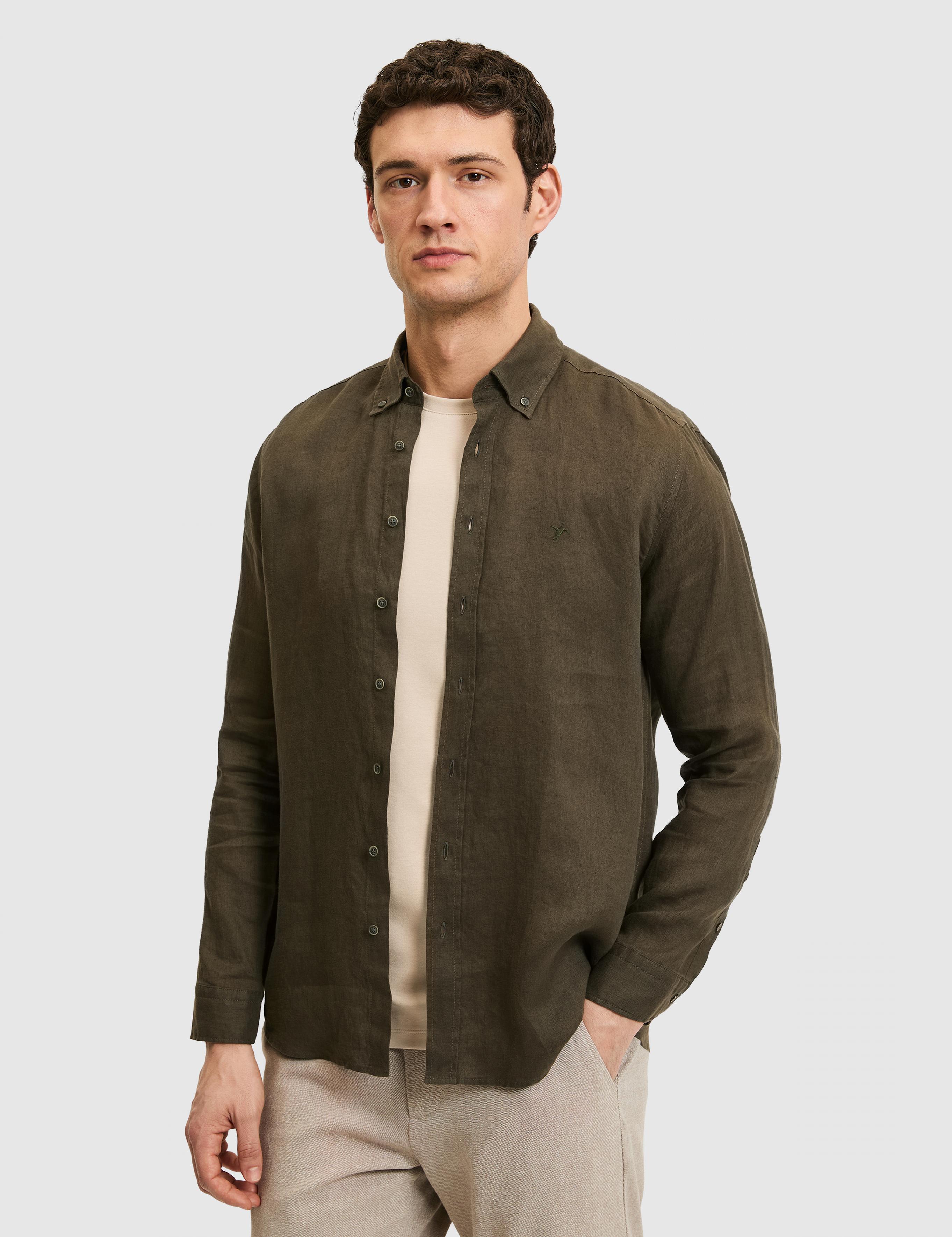 Koyu Haki Regular Fit %100 Keten Gömlek - 50319198284