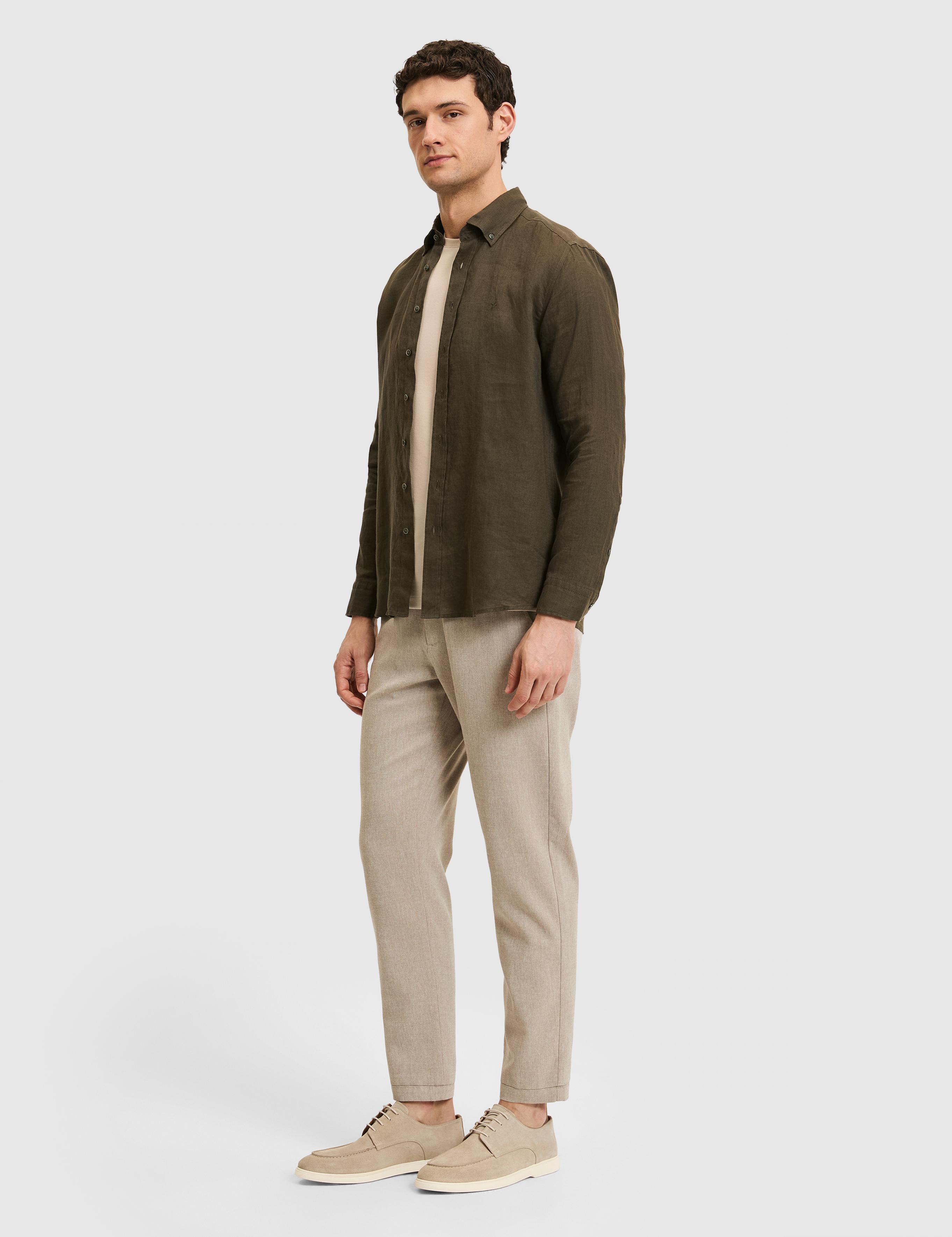 Koyu Haki Regular Fit %100 Keten Gömlek - 50319198284