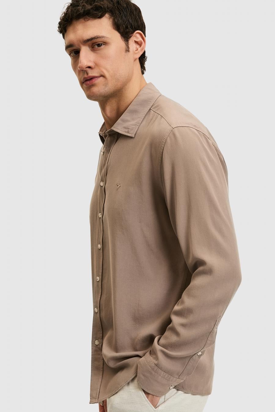Bej Regular Fit %100 Liyosel Yakası Alttan Biritli Gömlek - 50325434008