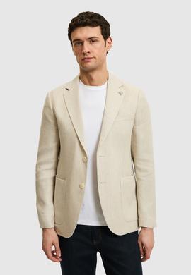 Bej Slim Fit Keten İpek Karışımlı Mikro Desen Mono Yaka Spor Ceket