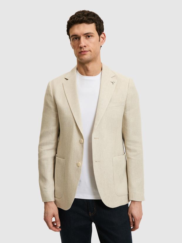 Bej Slim Fit Keten İpek Karışımlı Mikro Desen Mono Yaka Spor Ceket
