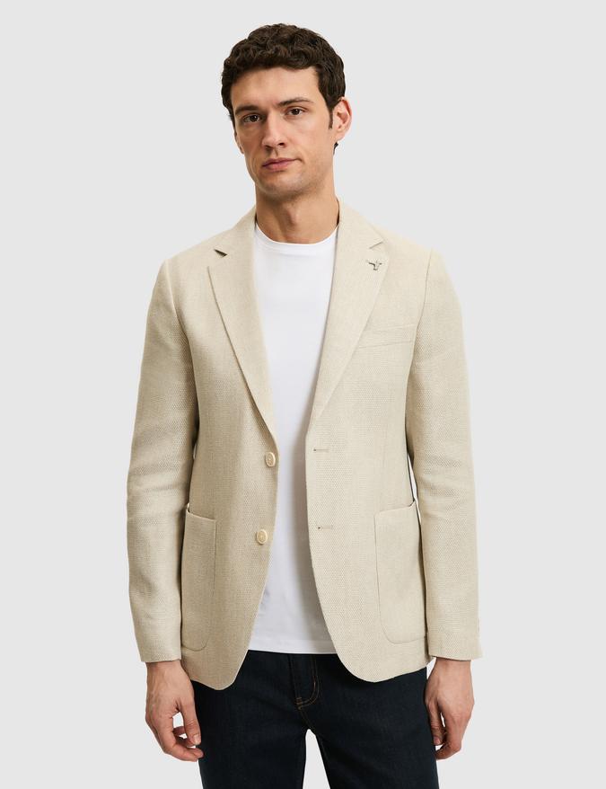Bej Slim Fit Keten İpek Karışımlı Mikro Desen Mono Yaka Spor Ceket