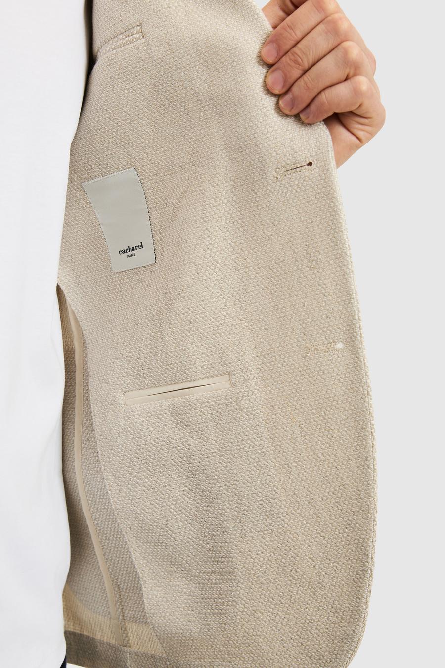 Bej Slim Fit Keten İpek Karışımlı Mikro Desen Mono Yaka Spor Ceket - 50319069011