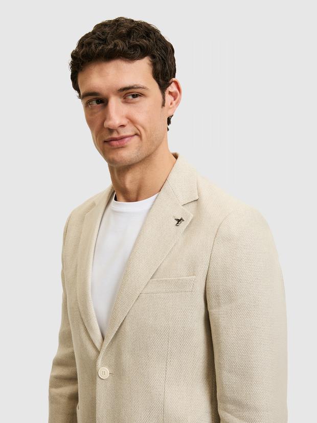 Bej Slim Fit Keten İpek Karışımlı Mikro Desen Mono Yaka Spor Ceket