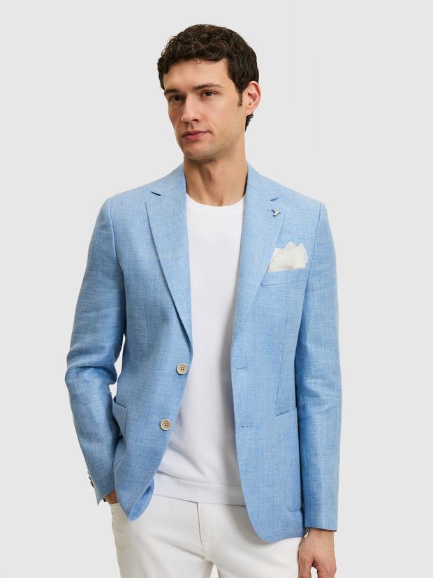 Mavi Slim Fit Yün Keten Karışımlı Mikro Desen Mono Yaka Ceket