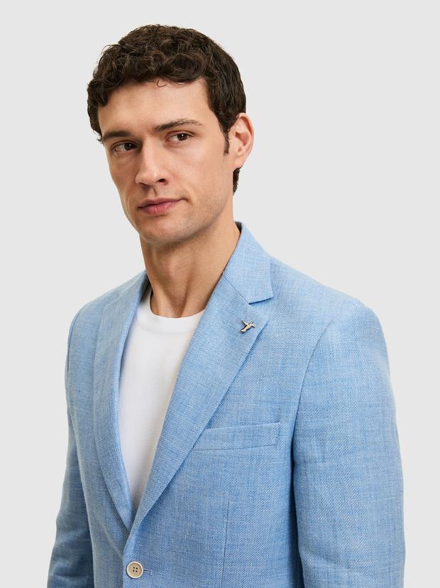 Mavi Slim Fit Yün Keten Karışımlı Mikro Desen Mono Yaka Ceket