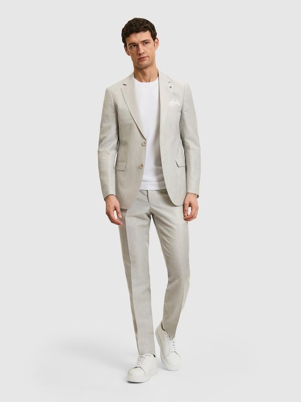 Açık Gri Slim Fit Yün Keten Karışımlı Mikro Desen Mono Yaka Takım Elbise