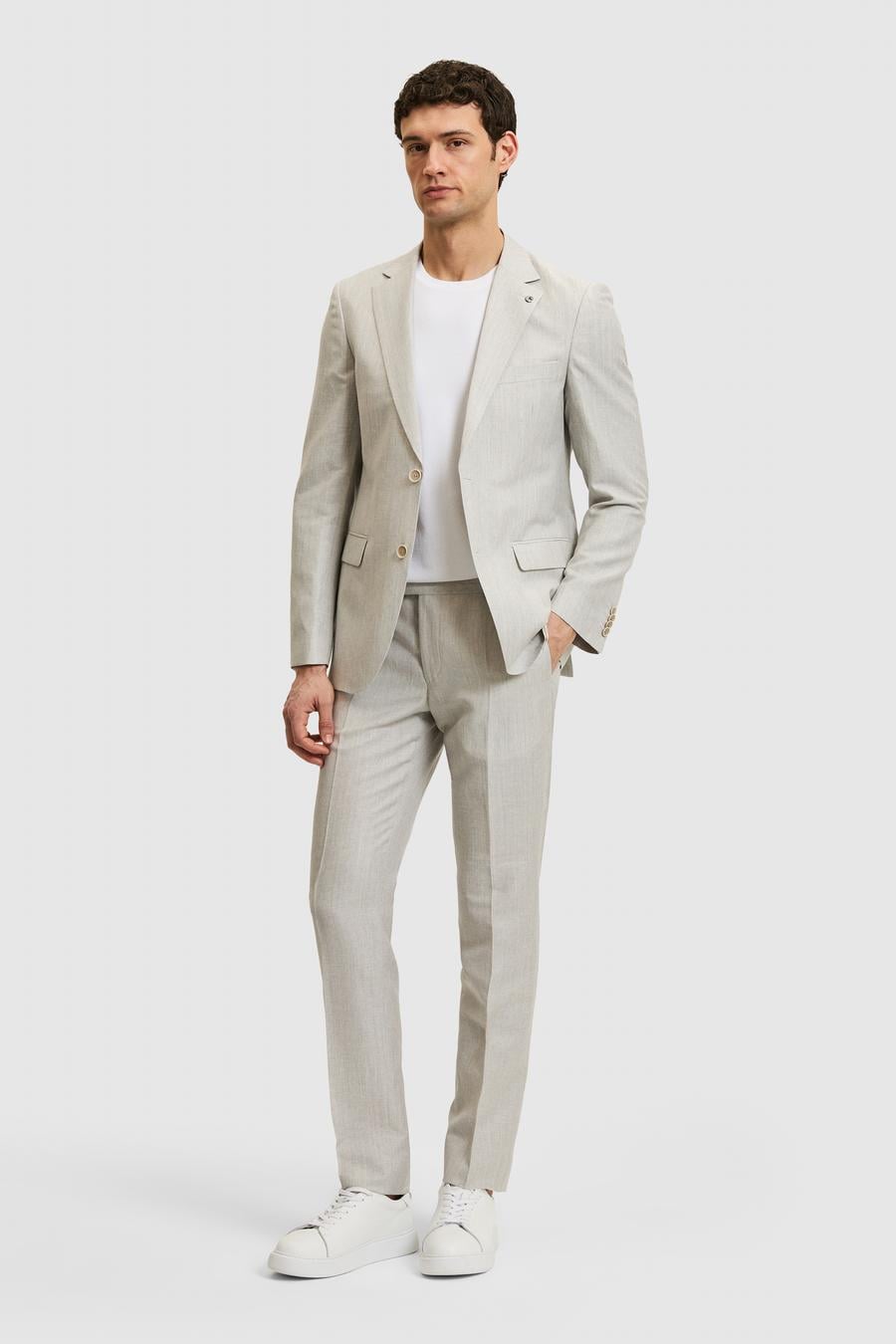 Açık Gri Slim Fit Yün Keten Karışımlı Mikro Desen Mono Yaka Takım Elbise - 50319141017