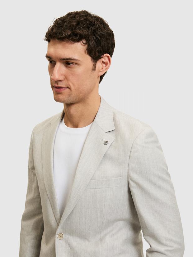 Açık Gri Slim Fit Yün Keten Karışımlı Mikro Desen Mono Yaka Takım Elbise