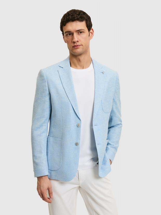 Açık Mavi Slim Fit Yün İpek Karışımlı Ceket