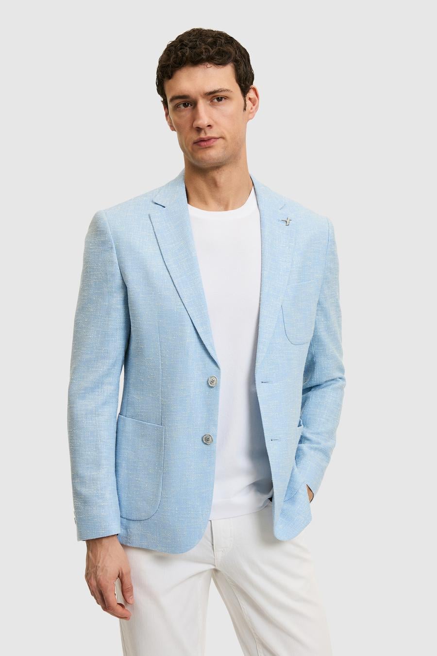 Açık Mavi Slim Fit Yün İpek Karışımlı Ceket - 50284564089
