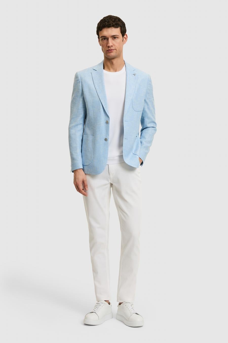 Açık Mavi Slim Fit Yün İpek Karışımlı Ceket - 50284564089