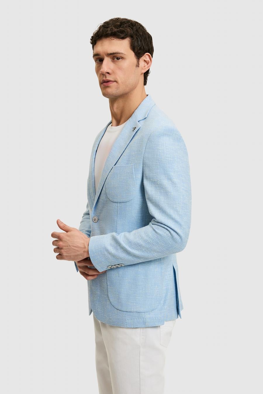 Açık Mavi Slim Fit Yün İpek Karışımlı Ceket - 50284564089
