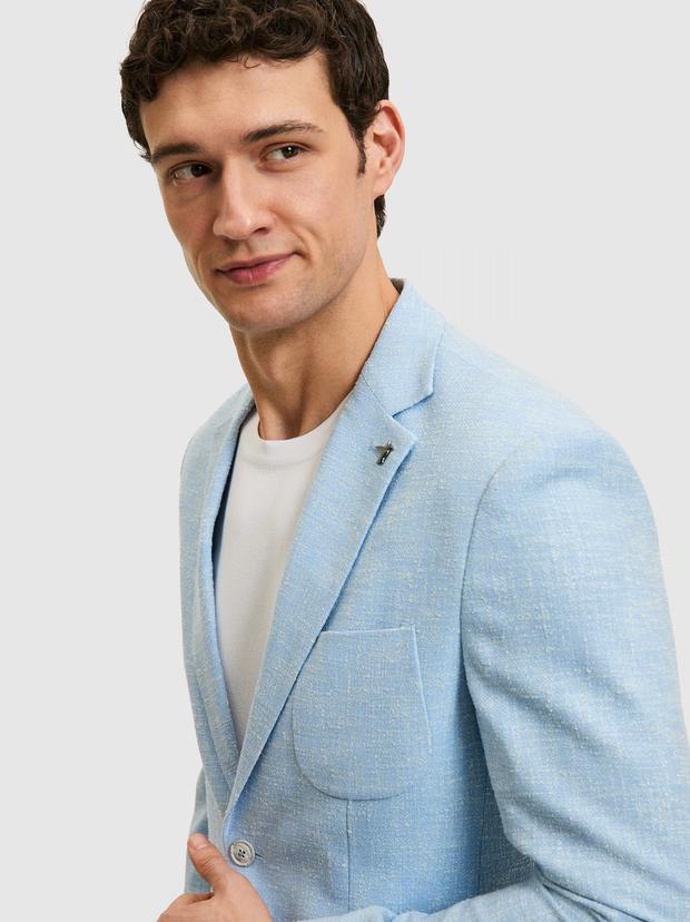Açık Mavi Slim Fit Yün İpek Karışımlı Ceket