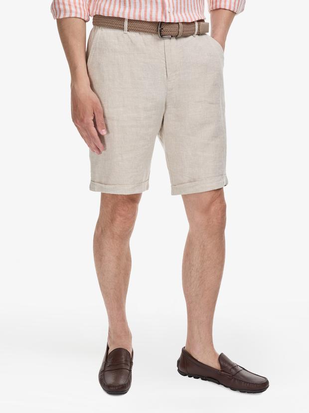 Bej Regular Fit %100 Keten Beli Lastikli Bermuda Şort