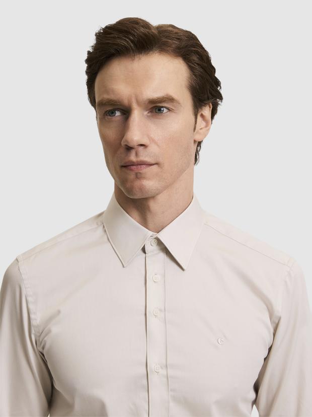 Bej Slim Fit Pamuklu Klasik Gömlek