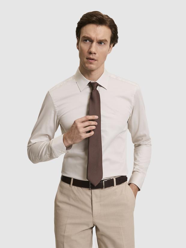 Bej Slim Fit Pamuklu Klasik Gömlek