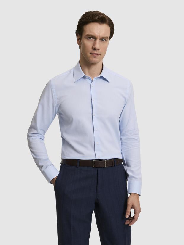 Açık Mavi Slim Fit %100 Pamuk Klasik Yaka Oxford Gömlek