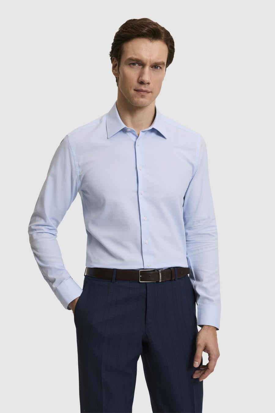 Açık Mavi Slim Fit %100 Pamuk Klasik Yaka Oxford Gömlek - 50318293010