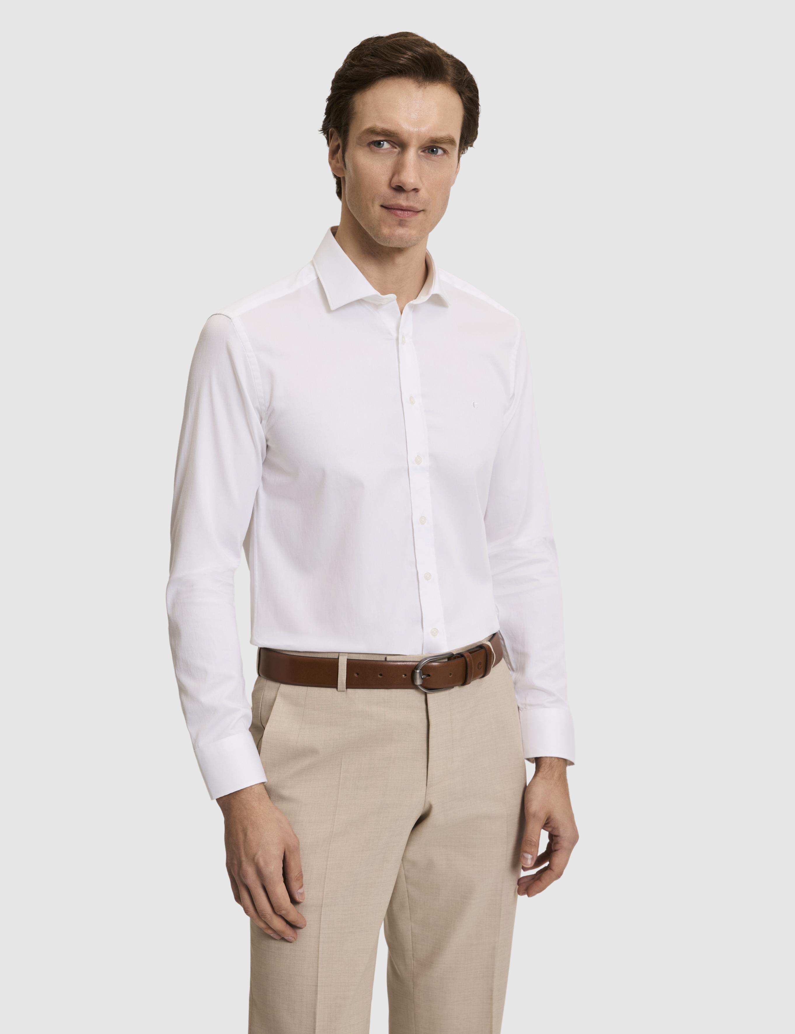 Beyaz Slim Fit %100 Pamuk Yarım İtalyan Yaka Klasik Gömlek - 50318216006