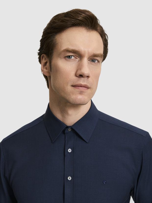 Lacivert Regular Fit %100 Yün Klasik Yaka Gömlek