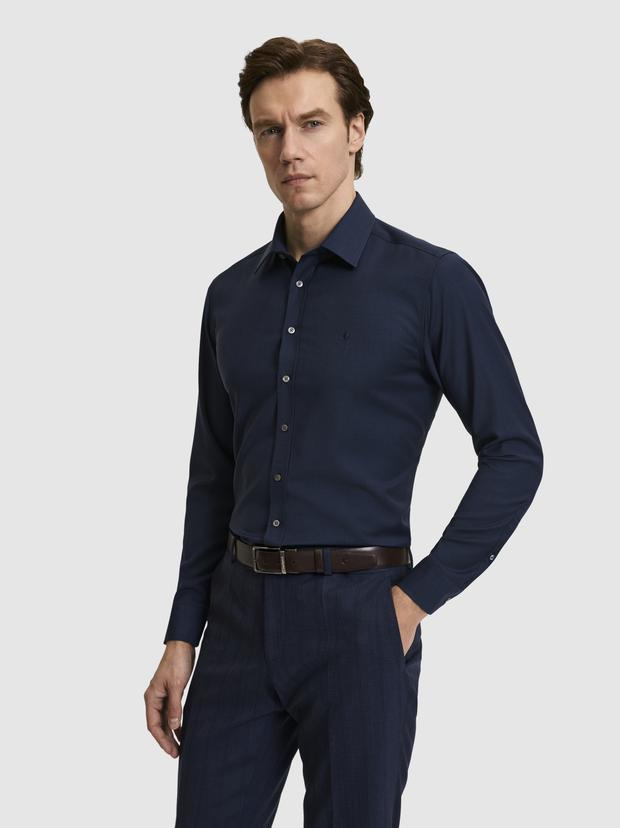 Lacivert Regular Fit %100 Yün Klasik Yaka Gömlek