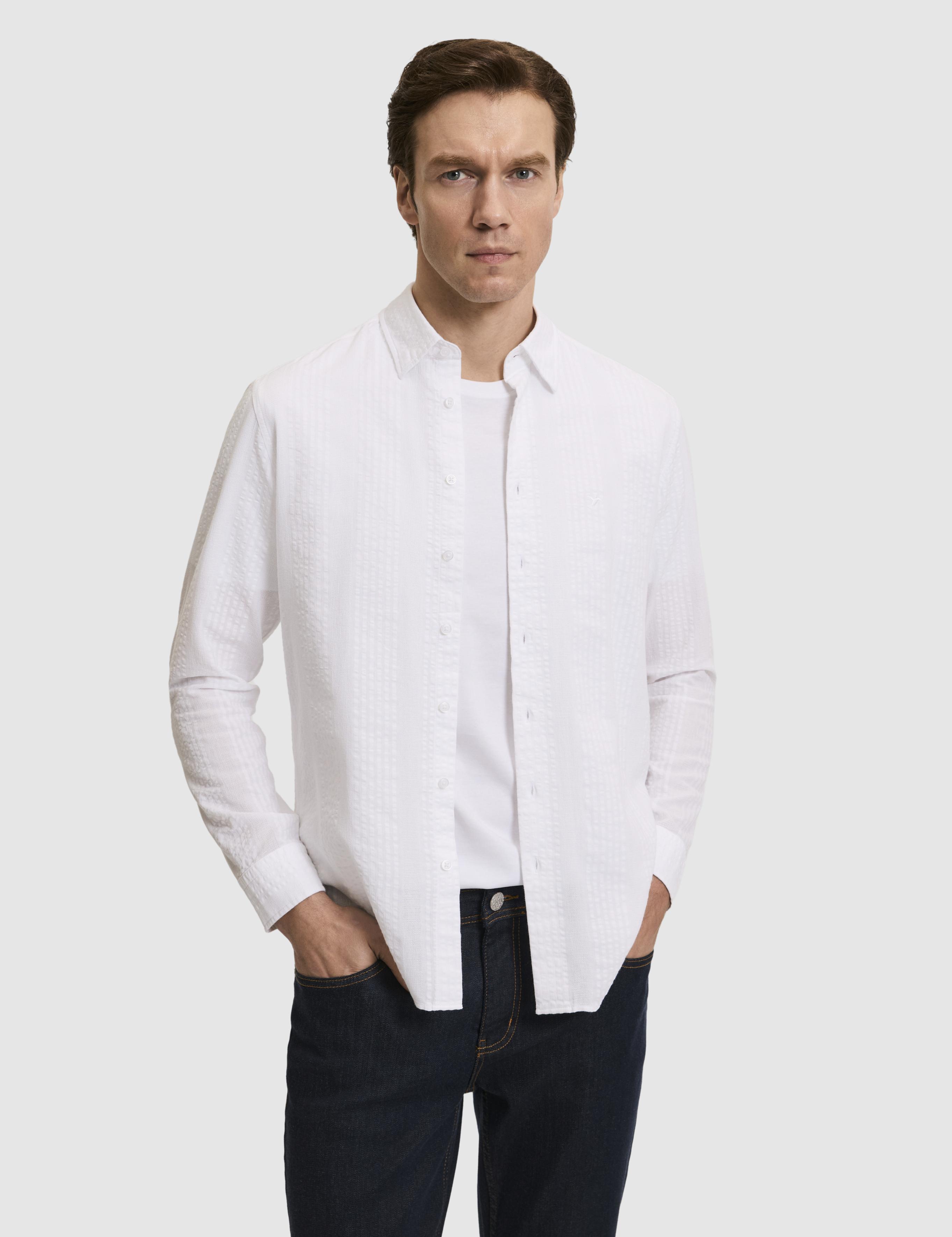 Beyaz Regular Fit %100 Pamuk Çizgili Gömlek - 50319195064