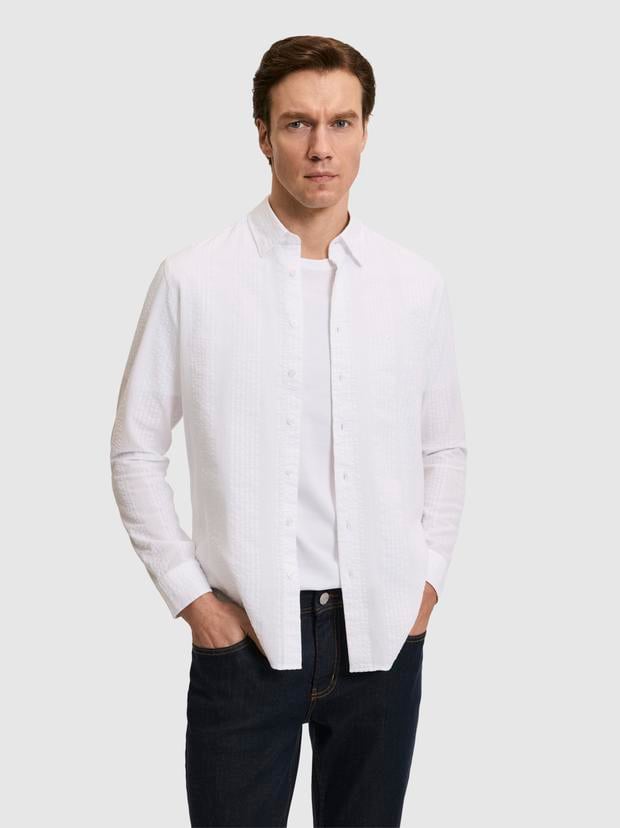 Beyaz Regular Fit %100 Pamuk Çizgili Gömlek
