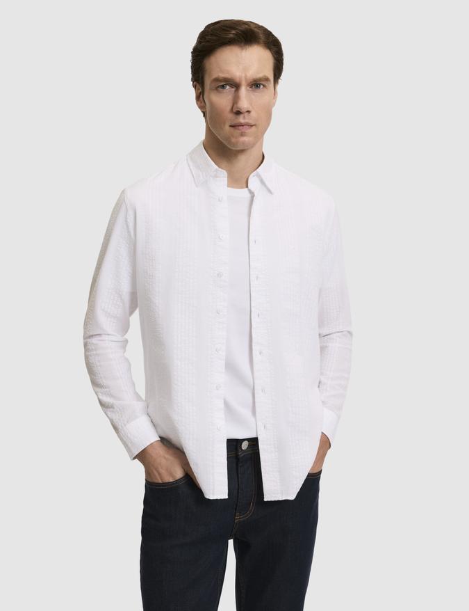 Beyaz Regular Fit %100 Pamuk Çizgili Gömlek