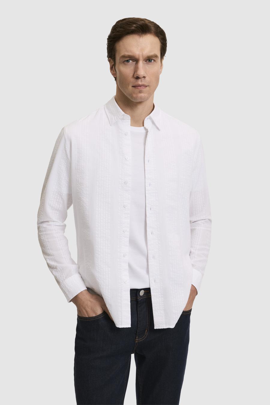 Beyaz Regular Fit %100 Pamuk Çizgili Gömlek - 50319195064