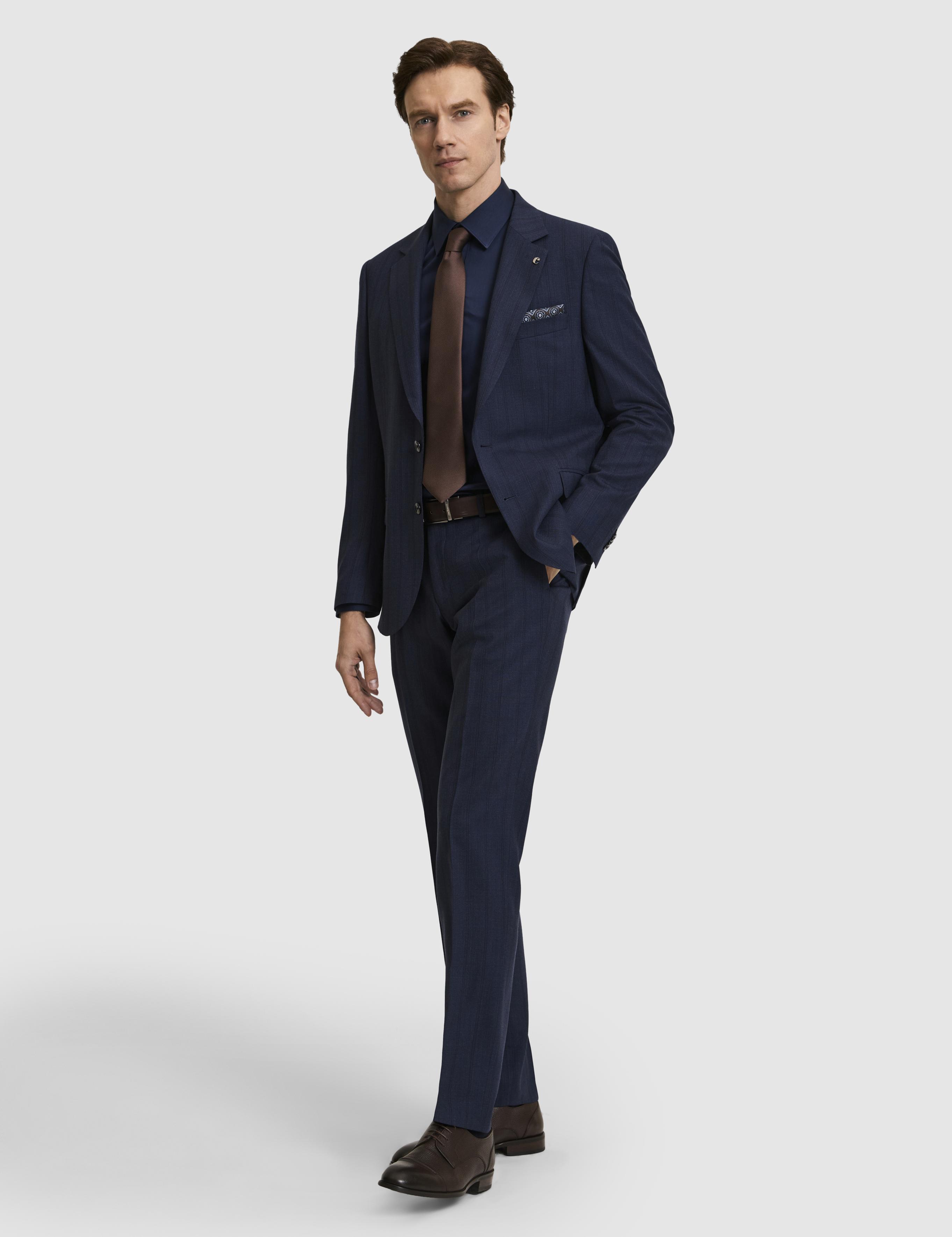 Lacivert Slim Fit Yün Karışımlı Çizgili Takım Elbise - 50325527005