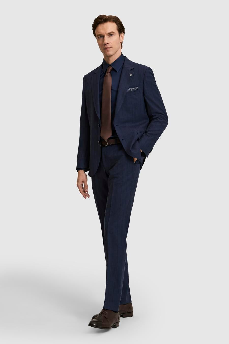 Lacivert Slim Fit Yün Karışımlı Çizgili Takım Elbise - 50325527005