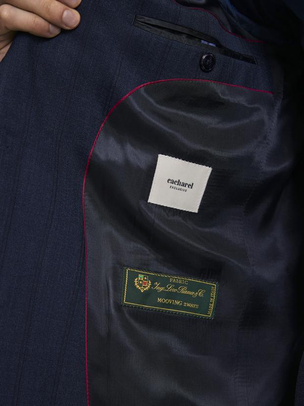 Lacivert Slim Fit Yün Karışımlı Çizgili Takım Elbise