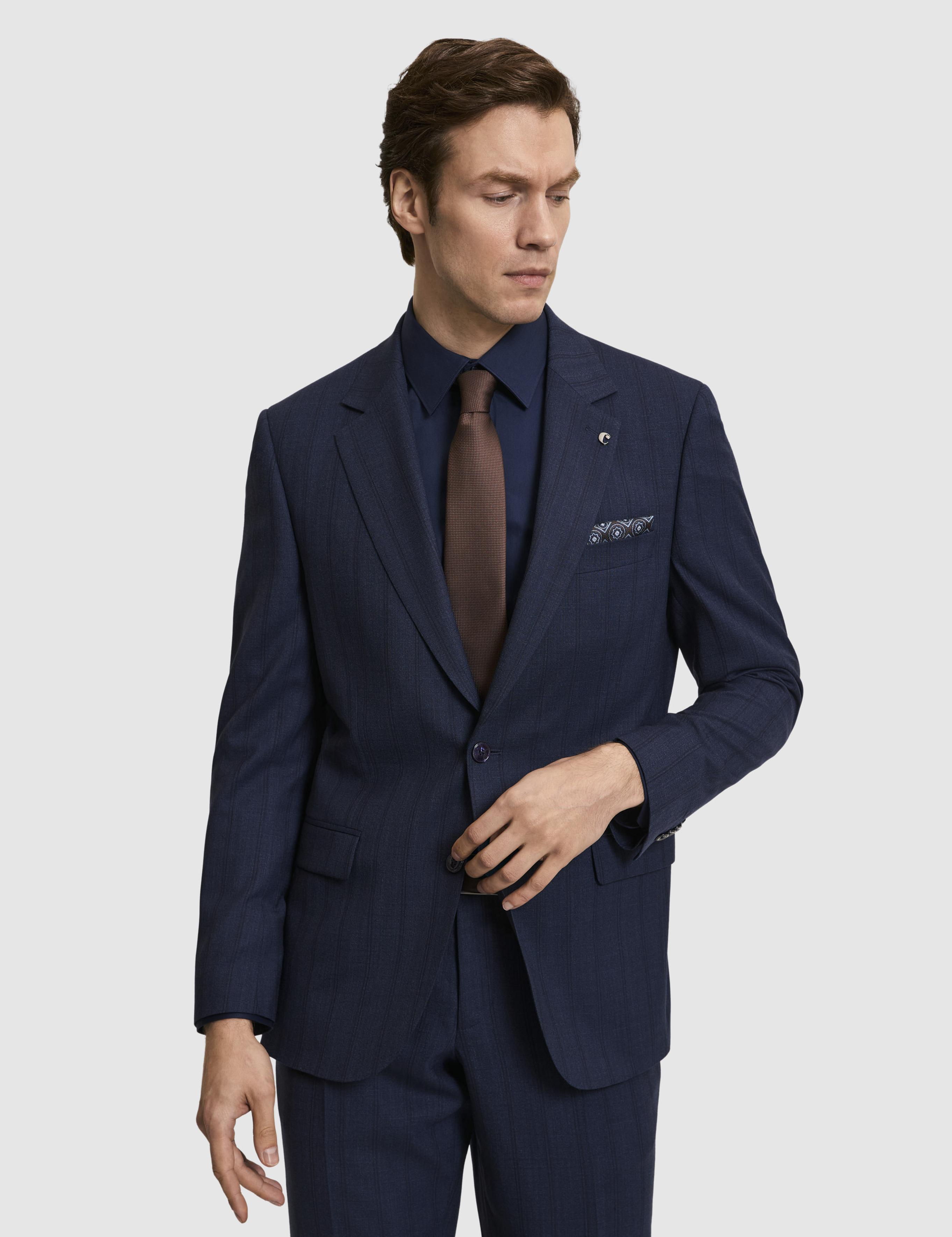 Lacivert Slim Fit Yün Karışımlı Çizgili Takım Elbise - 50325527005