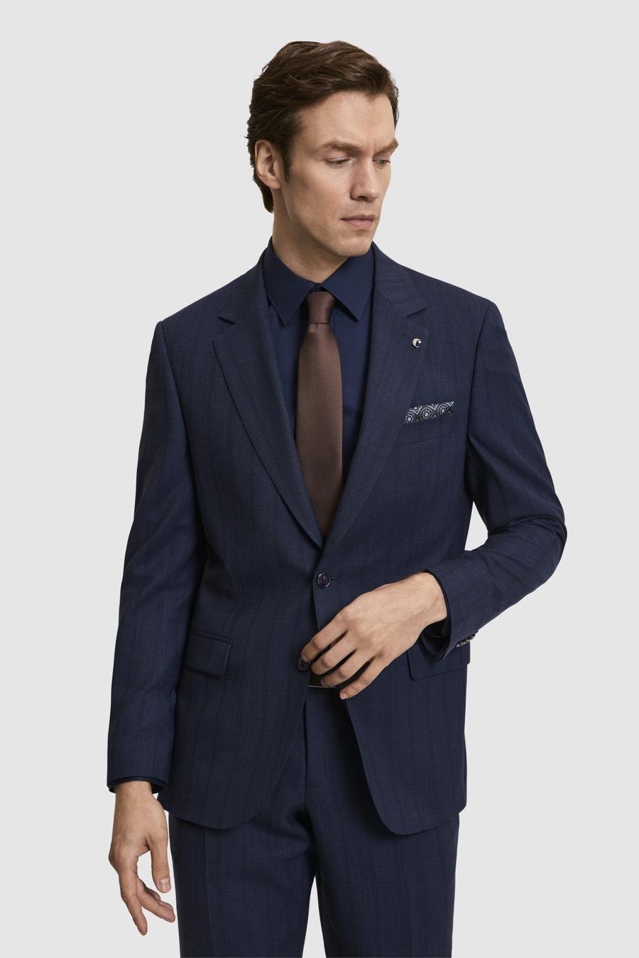 Lacivert Slim Fit Yün Karışımlı Çizgili Takım Elbise - 50325527005