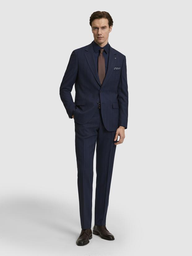 Lacivert Slim Fit Yün Karışımlı Çizgili Takım Elbise
