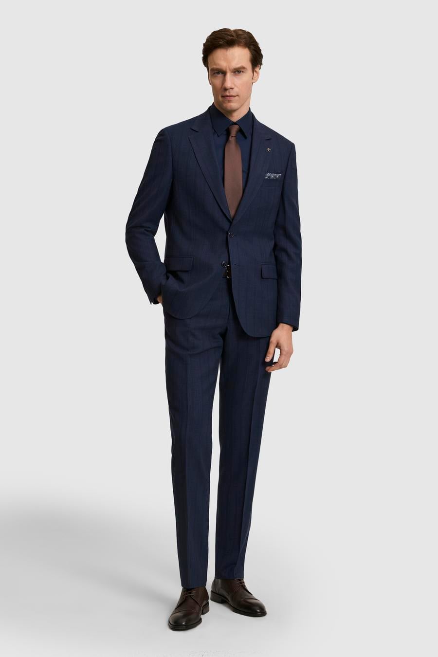 Lacivert Slim Fit Yün Karışımlı Çizgili Takım Elbise - 50325527005