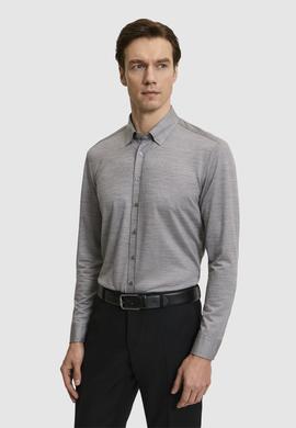 Gri Slim Fit Yün Karışımlı Yakası Alttan Biritli Gömlek