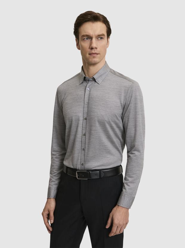 Gri Slim Fit Yün Karışımlı Yakası Alttan Biritli Gömlek