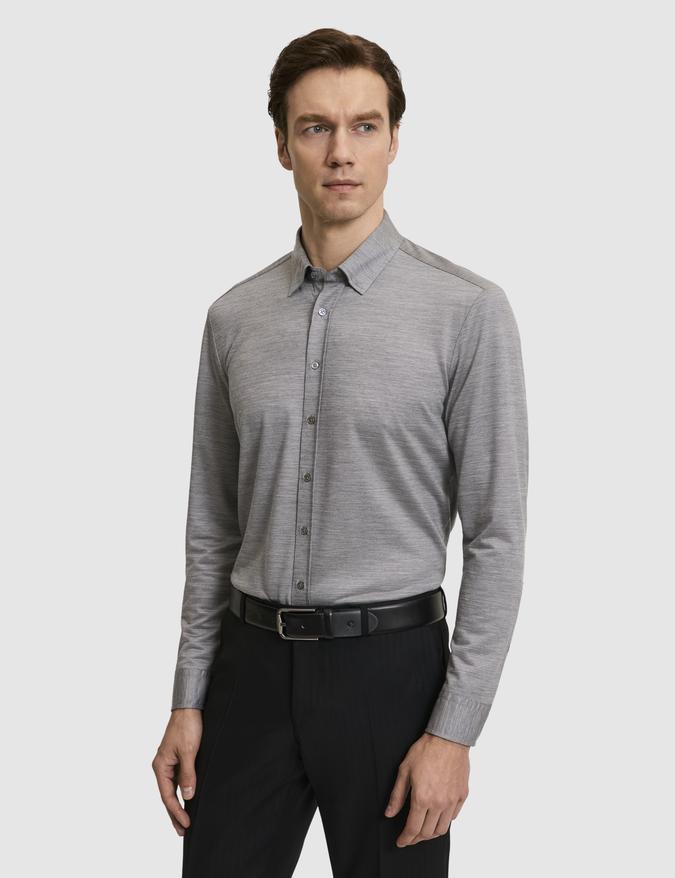 Gri Slim Fit Yün Karışımlı Yakası Alttan Biritli Gömlek