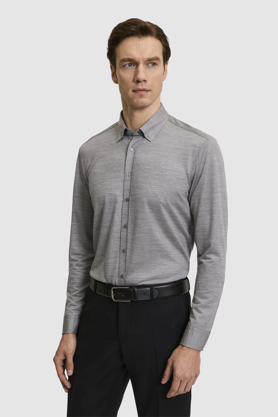 Gri Slim Fit Yün Karışımlı Yakası Alttan Biritli Gömlek - 50326154009