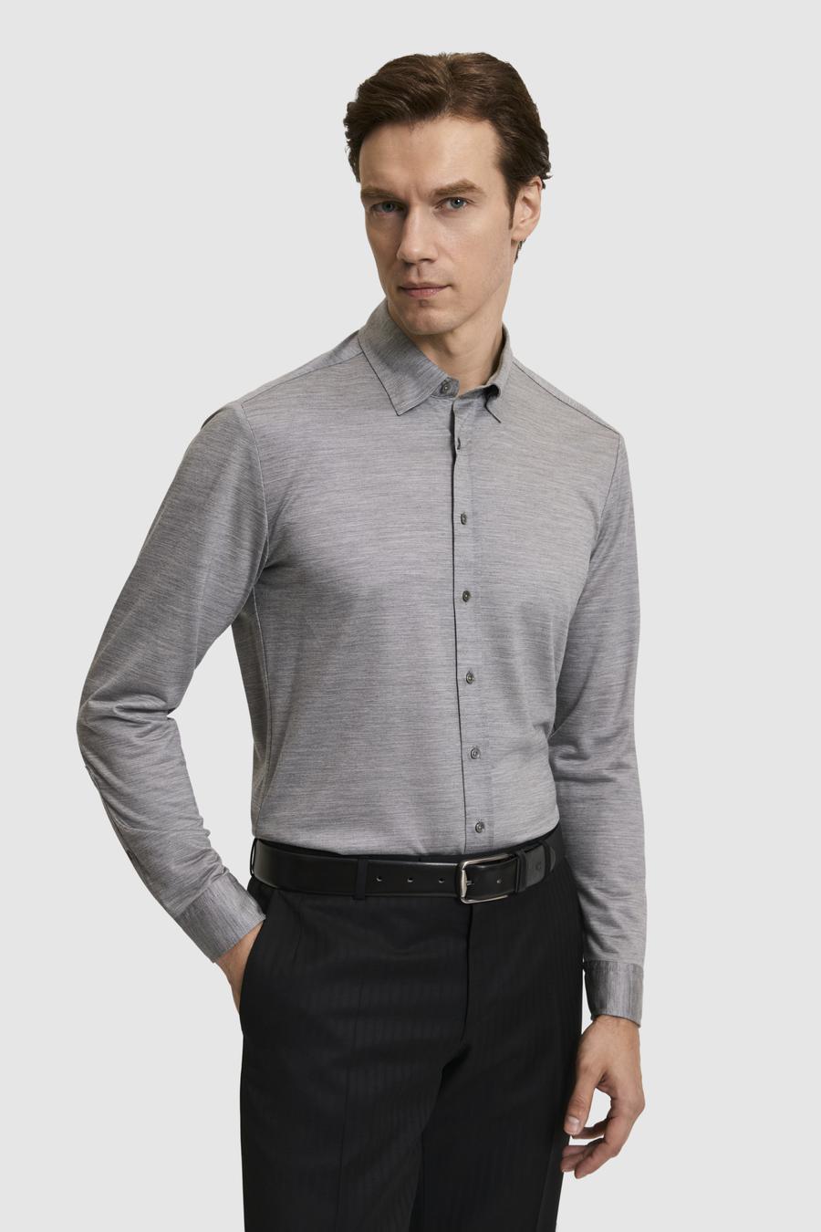Gri Slim Fit Yün Karışımlı Yakası Alttan Biritli Gömlek - 50326154009