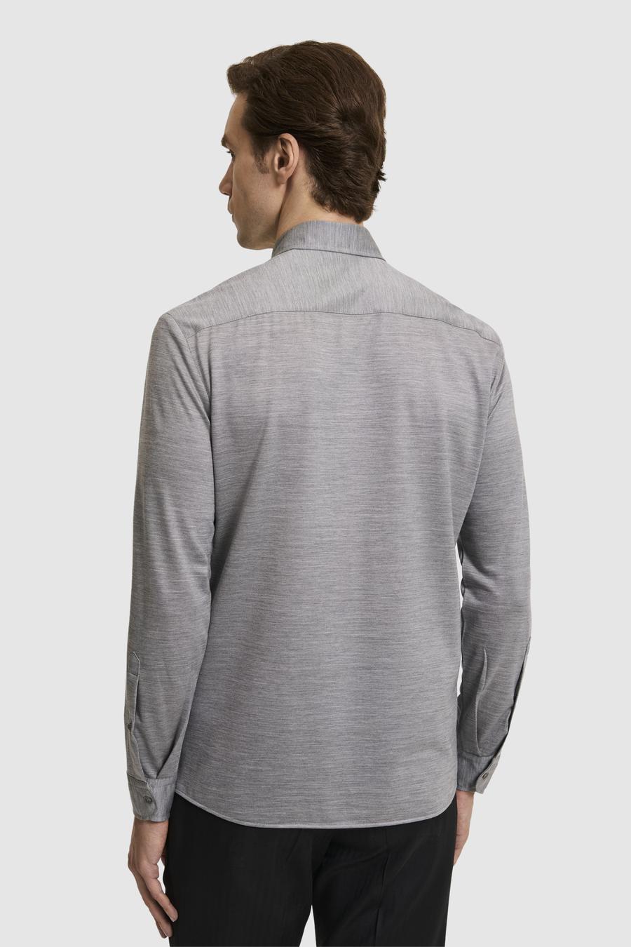 Gri Slim Fit Yün Karışımlı Yakası Alttan Biritli Gömlek - 50326154009