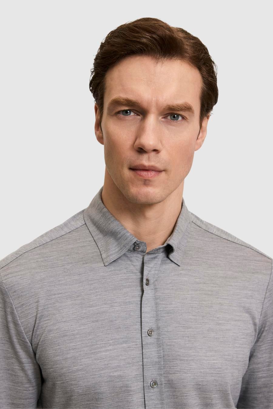 Gri Slim Fit Yün Karışımlı Yakası Alttan Biritli Gömlek - 50326154009