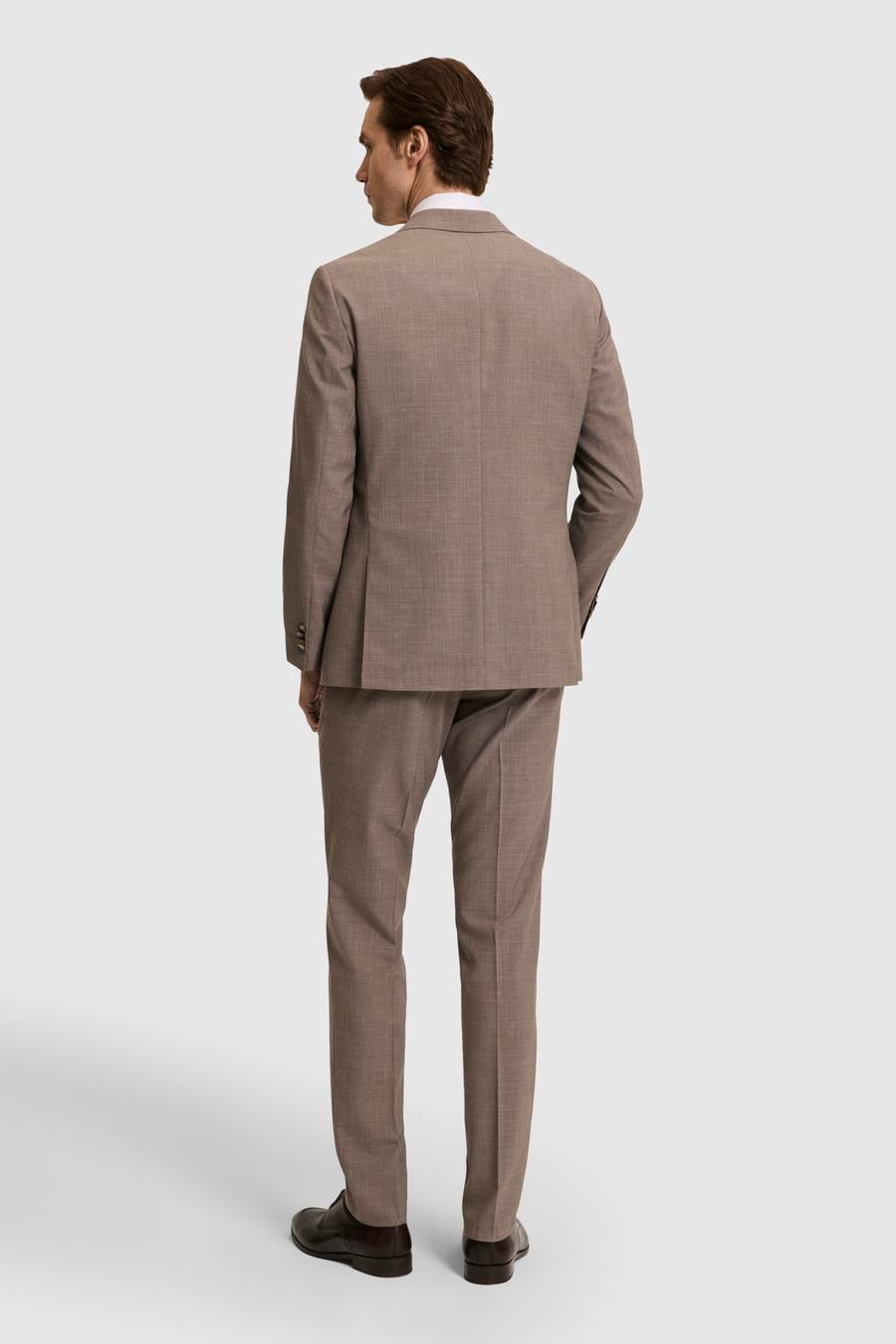 Açık Kahverengi Slim Fit Yün Keten Karışımlı Mikro Desen Mono Yaka Takım Elbise - 50324874017