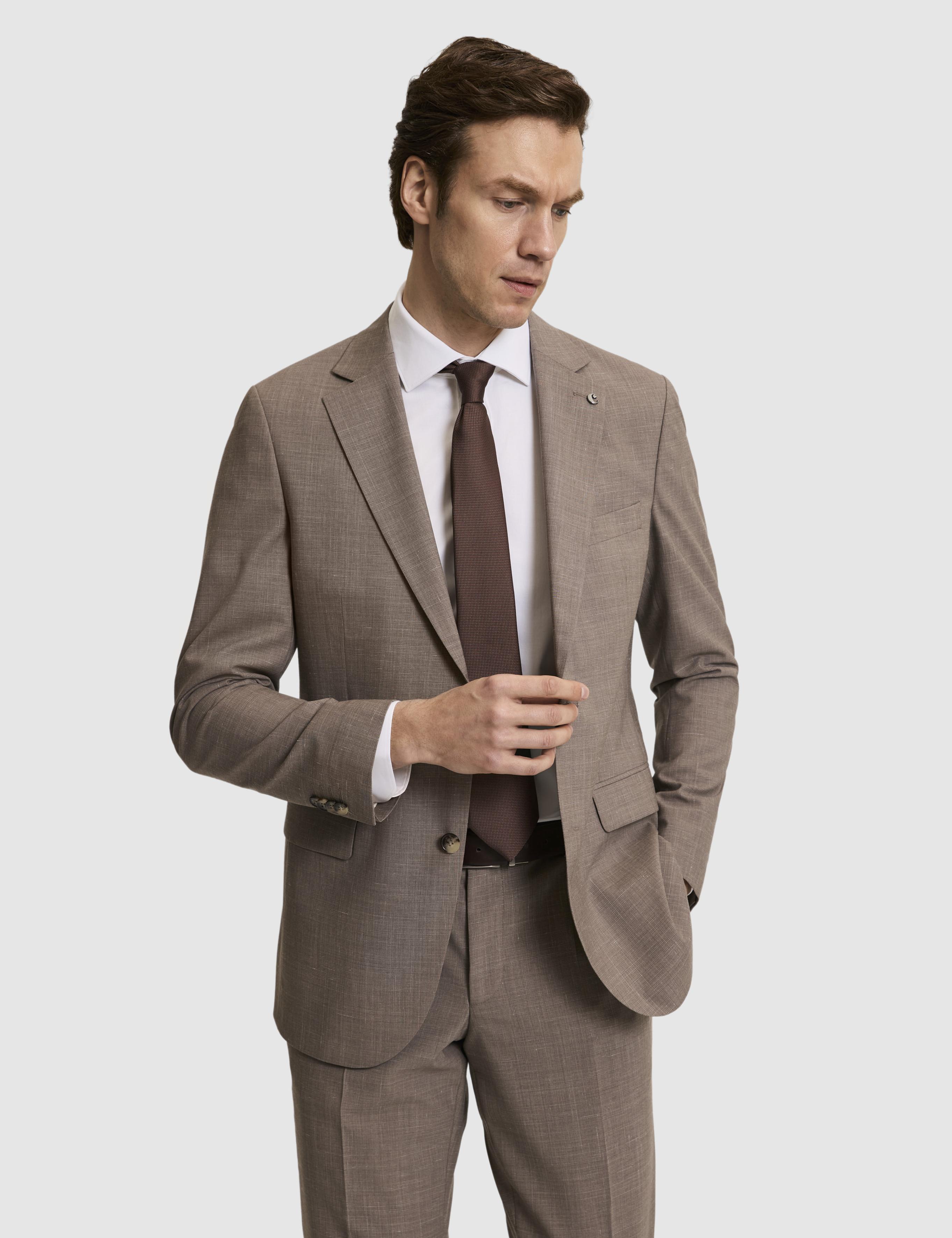 Açık Kahverengi Slim Fit Yün Keten Karışımlı Mikro Desen Mono Yaka Takım Elbise - 50324874017