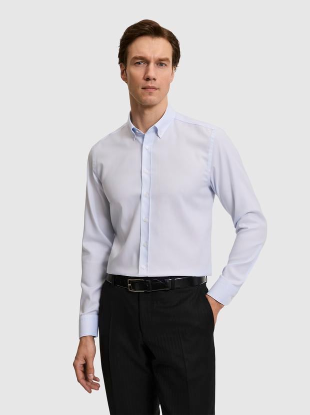 Açık Mavi Slim Fit %100 Pamuk Yakası Düğmeli Oxford Gömlek